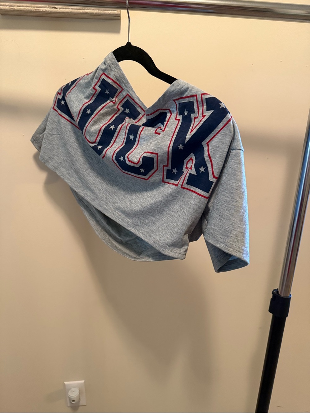 Grey Graphic Off The Shoulder Crop Top with luck in Navy Lettering - Picture 1 of 2